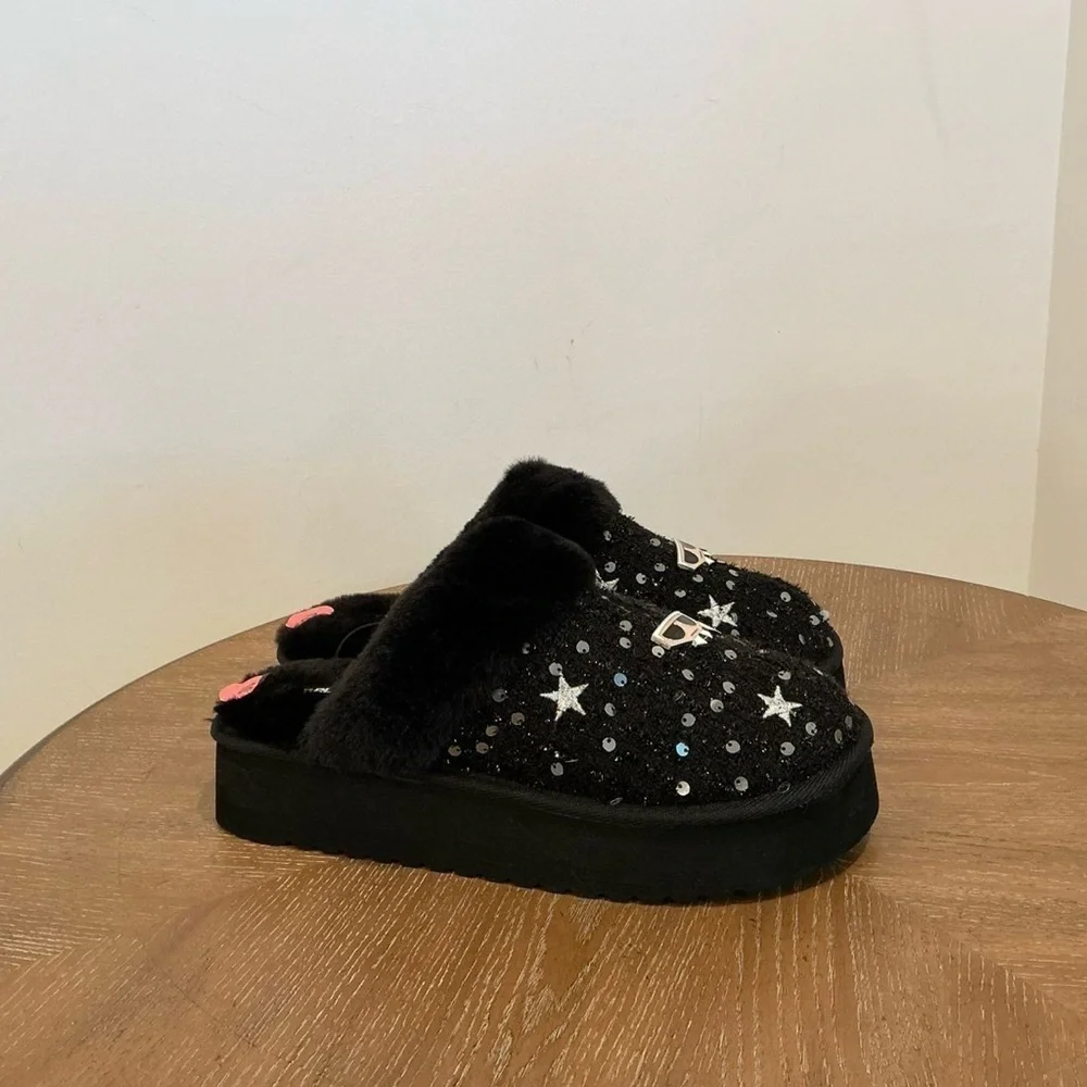 Karl Lagerfeld Hessa Tweed Gold Faux Fur Trim Platform Slides